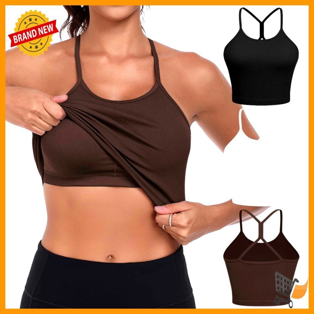 High Neck Seamless Ribbed Longline Yoga Tank Tops Built-in Bra 3 Pack
